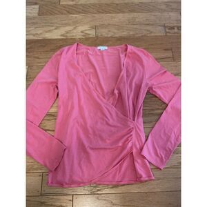 Garnet Hill, women's pink long sleeve v-neck wrapped side ruched t-shirt sz med